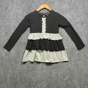RuffleButts Tiered Ruffle Dress Girls 8 Black Gray Lace Trim Long Sleeve